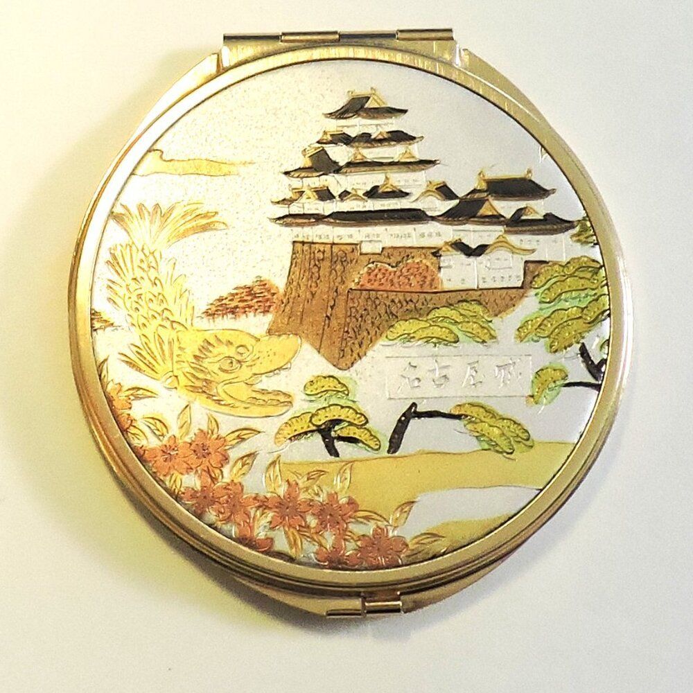 Japanese Chokin Art Compact Mirror Gold Silver Crane Scene Boxed Vintage